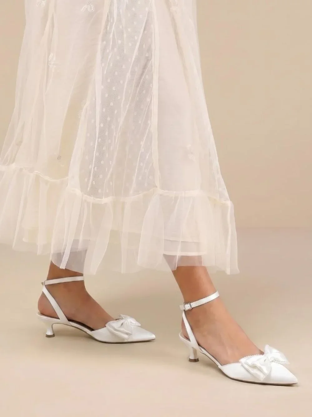 Women's White Satin Kitten Low Heels Bow Pearl Closed Pointed Toe Ankle Strap